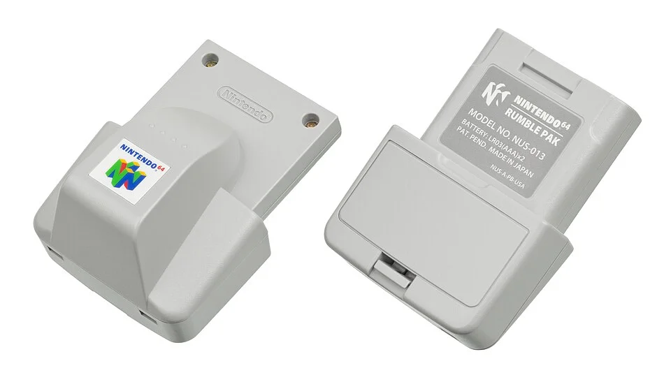The Rumble Pak for the Nintendo 64 video game console, a rumble/force feedback accessory that slotted into the controller. Powered by two AAA batteries.