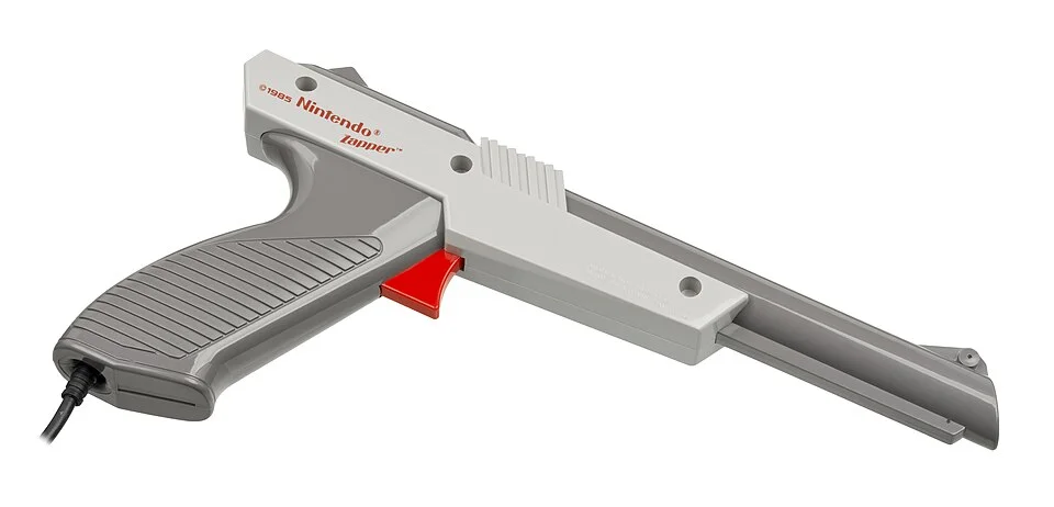 The Nintendo Zapper, a light gun for the Nintendo Entertainment System (NES) video game console. This is the gray model that was originally released as a pack-in with the console, later sold separately.