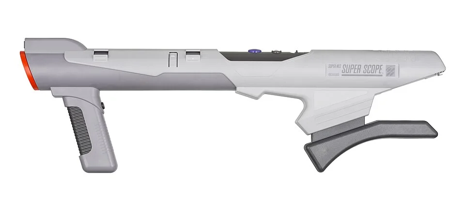 The Super Scope light gun for the Super Nintendo video game console, shown without the snap-on precision scope.