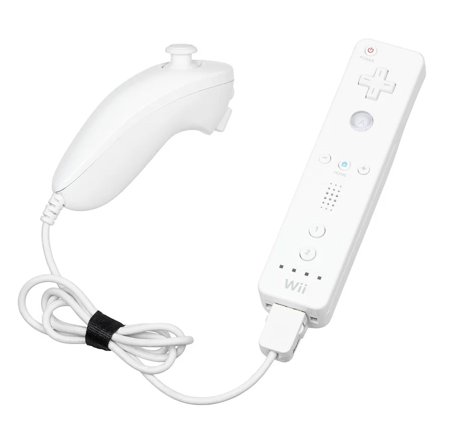 A Nintendo Wii Remote (Wiimote) shown attached to the Nunchuk accessory. The official controller for the Nintendo Wii video game console, the remote design with external analog stick was unconventional compared to other game controllers. Other accessories could be attached to the bottom of the Wiimote, such classic controllers.