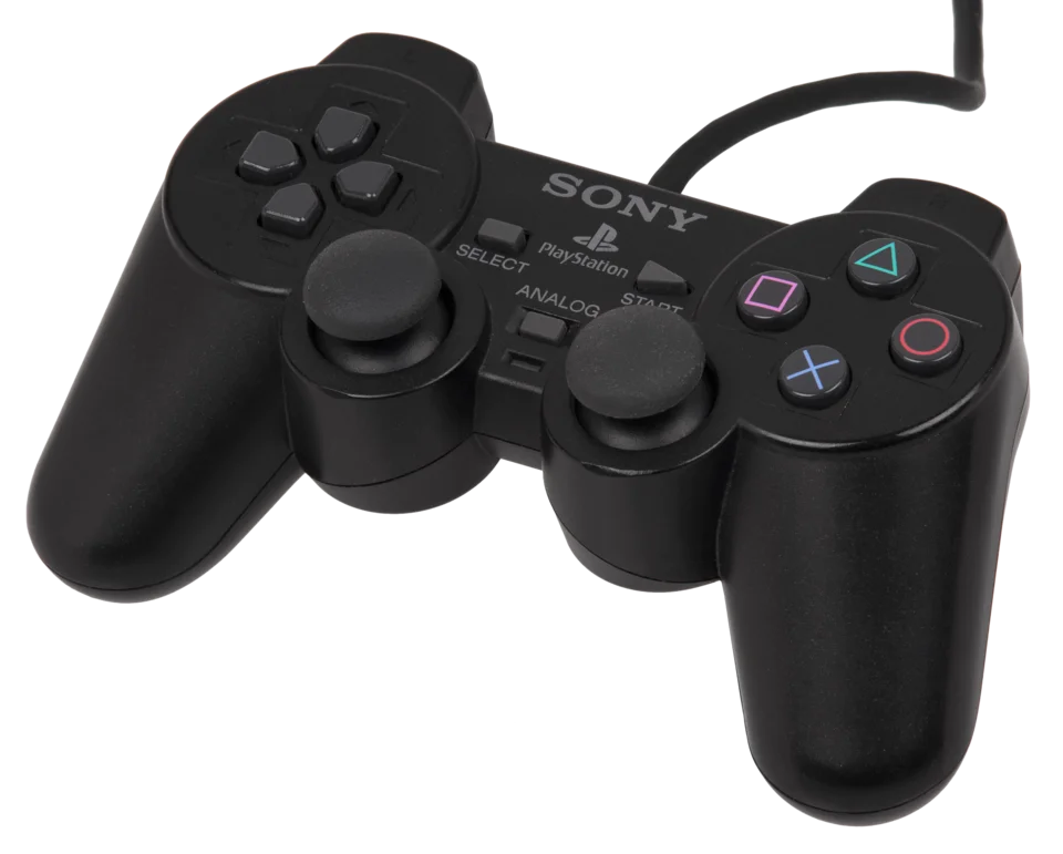 A Sony PlayStation 2 DualShock2 controller.