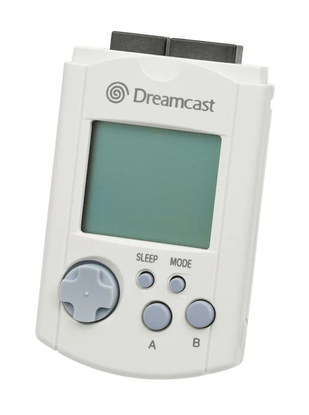 A North American Sega Dreamcast VMU, without cap. The VMU was used for saving data, swapping data with other users, and playing simple games on its screen.